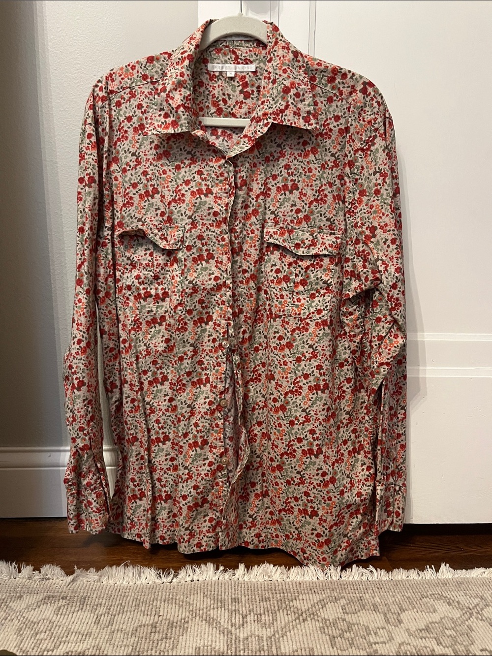 Perry Ellis Floral Button-Up Shirt Jacket in Red and Cream